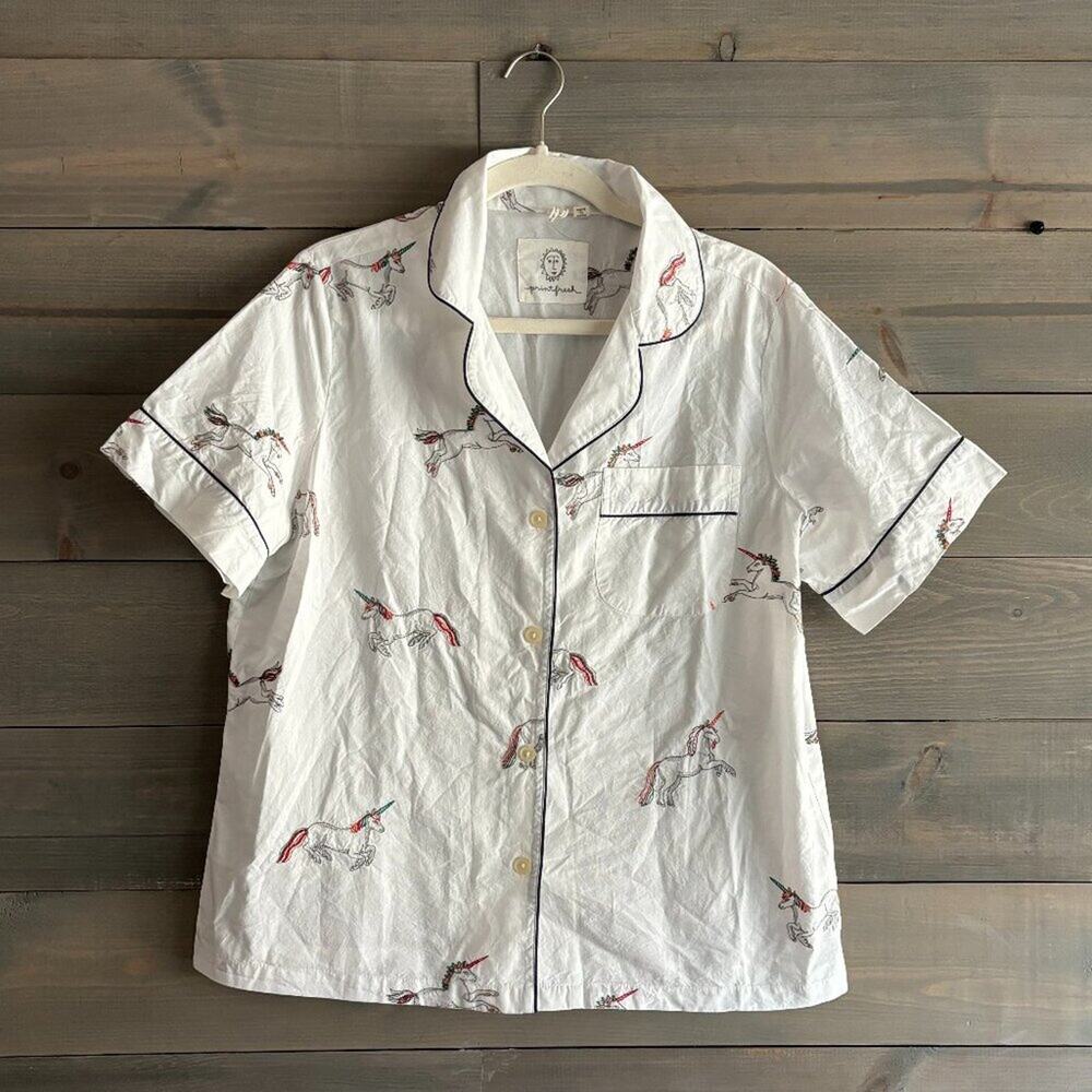 PRINT FRESH | Embroidered Unicorn Button Up Pajama Shirt Top Size Small Cotton